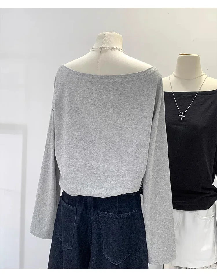 Autumn Winter One Shoulder Cotton Long Sleeve Slant Shoulder Women's Clothing Style Interior Wide Truffle Shoulder Base Shirt