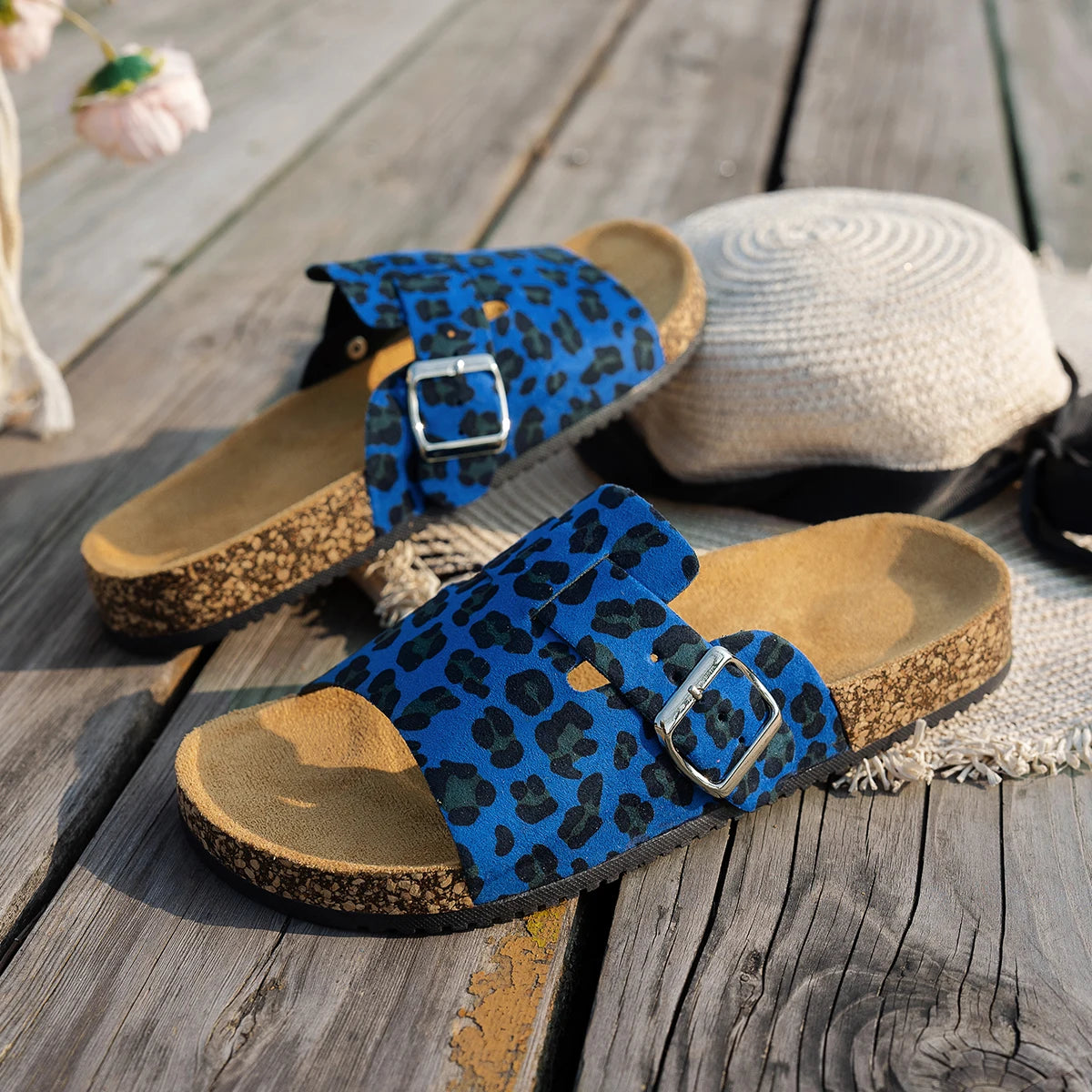 SJSP Women's Leopard Print Flat Sandals Buckle Strap