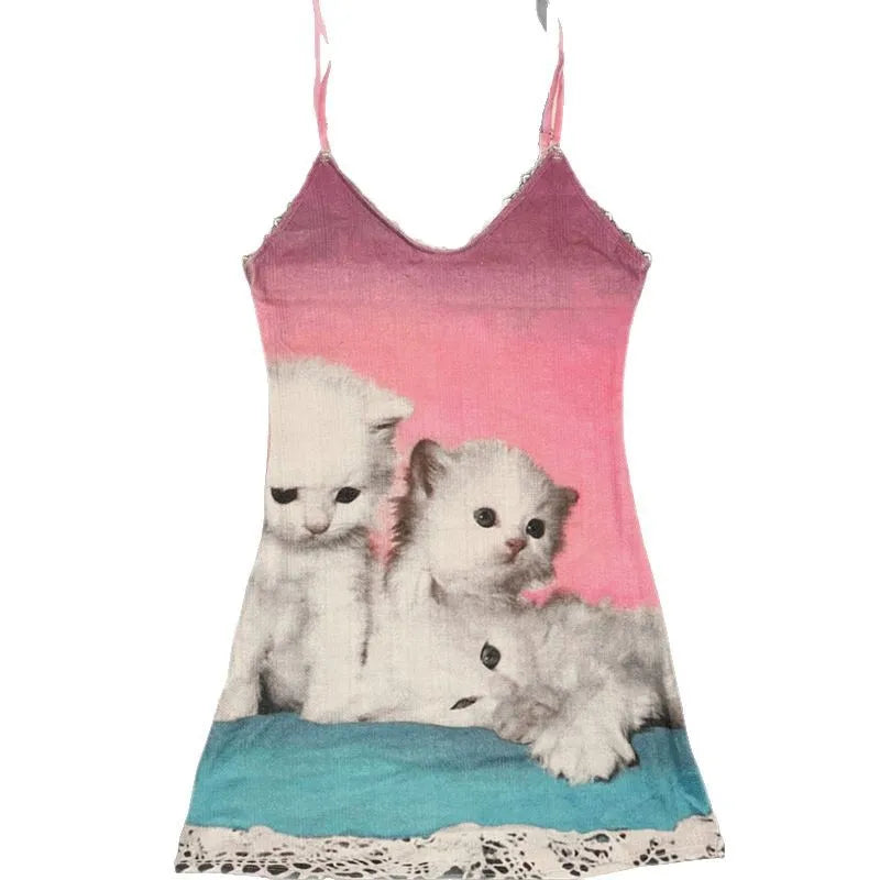 Y2K Cat Print Dress European American Summer Retro Pink Pure Desire Suspender