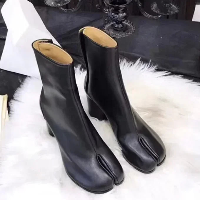 Genuine Leather Tabi Split-Toe Ankle Boots – Chunky Heel