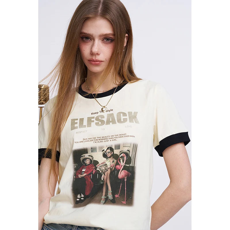 ELFSACK Women's Vintage Ringer T-Shirt with Photo Graphic Print, Retro Contrast Tee for Summer, Chic Aesthetic Short Sleeve Top