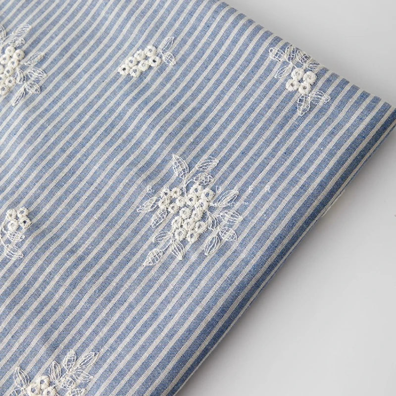 Ins Style Light Blue Striped Embroidered Polyester Cotton Fabric for Dress Shirt Kids Clothing DIY By The Yard