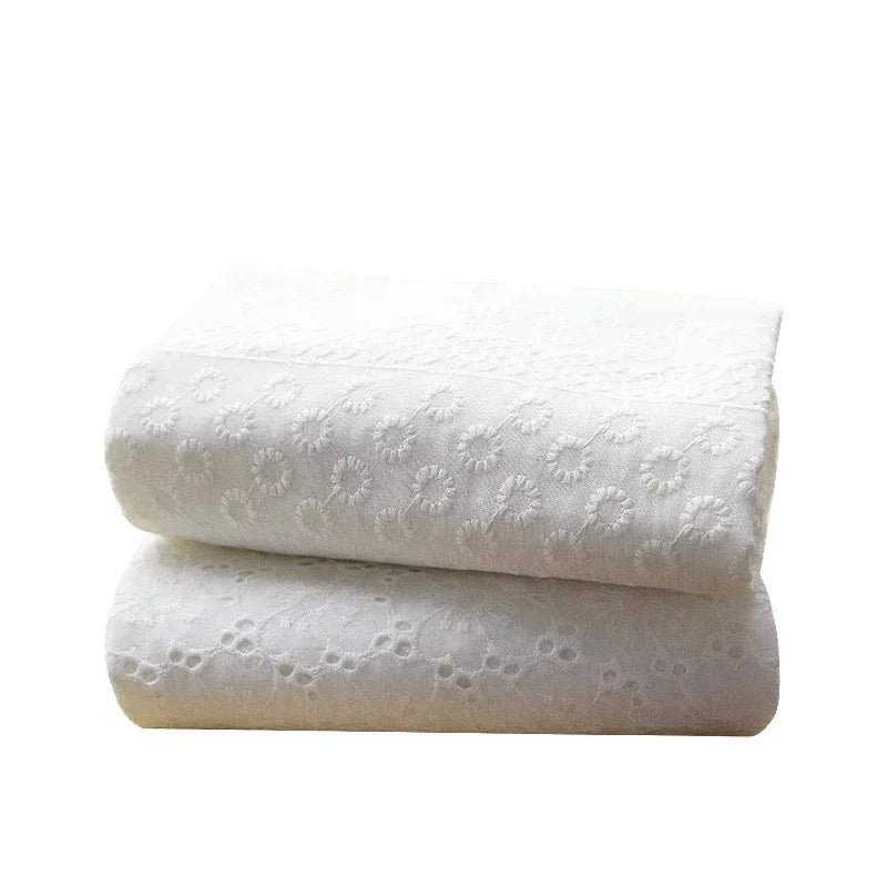 WHITE COTTON LACE FABRIC - Floral Embroidery, 130cm Wide - Elegant Sewing Cloth