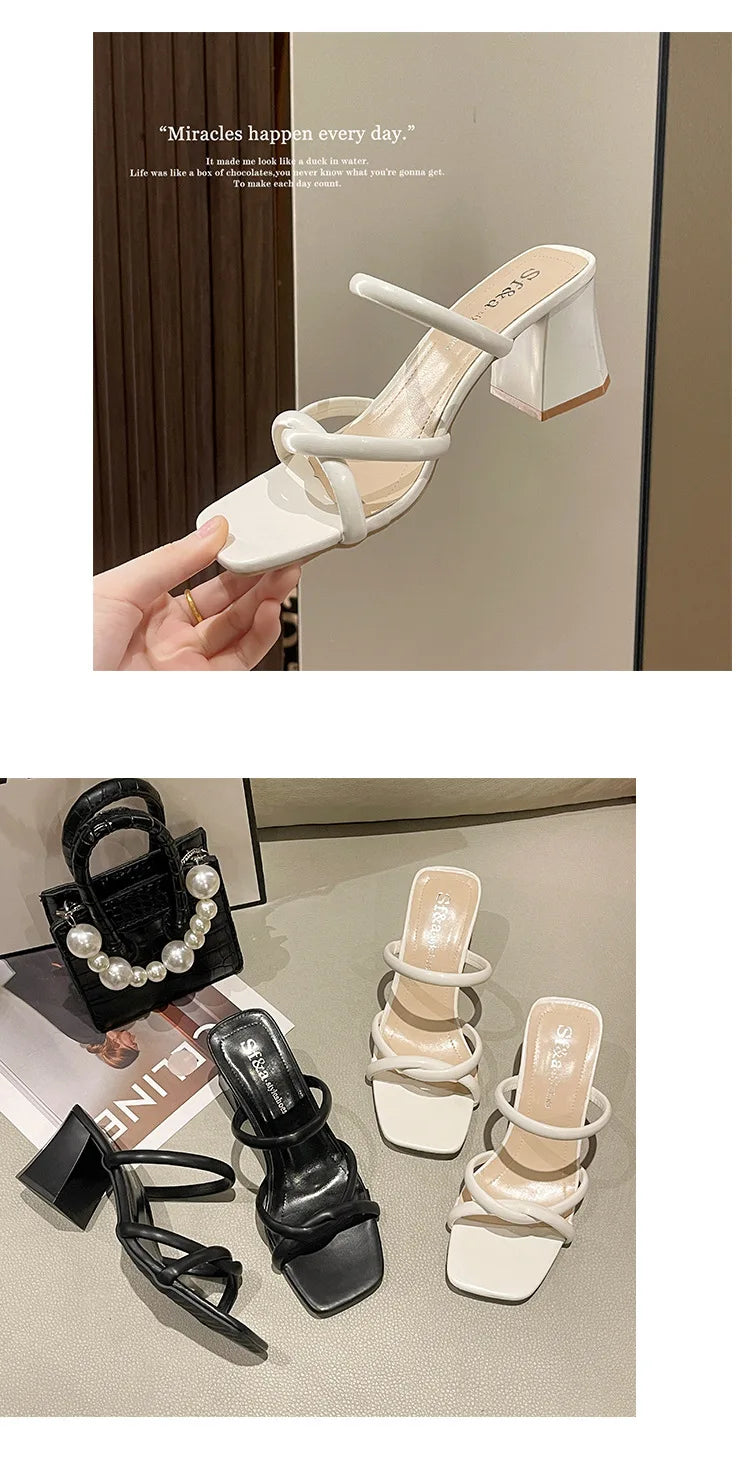 New Summer Fashion Bare-Toed Square-Head Mid-Heel Shoes Pleated Chunky Sandals with A-Line Single Shoe Women