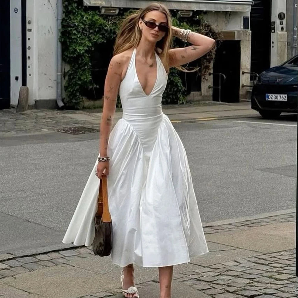 Talenza Backless Deep V Spliced Long Dress Summer Women's Sexy Party Dress Halter New Fashion Slim White Sleeveless Long Dress