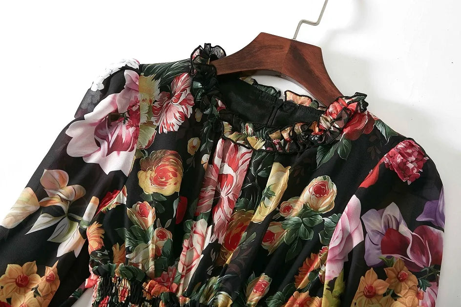 Ladies Elegant Floral Print Long Sleeve Dress Summer Beach Chiffon Ruffled Collar Dress Elegant Elasticity Waist A-Line Sundress