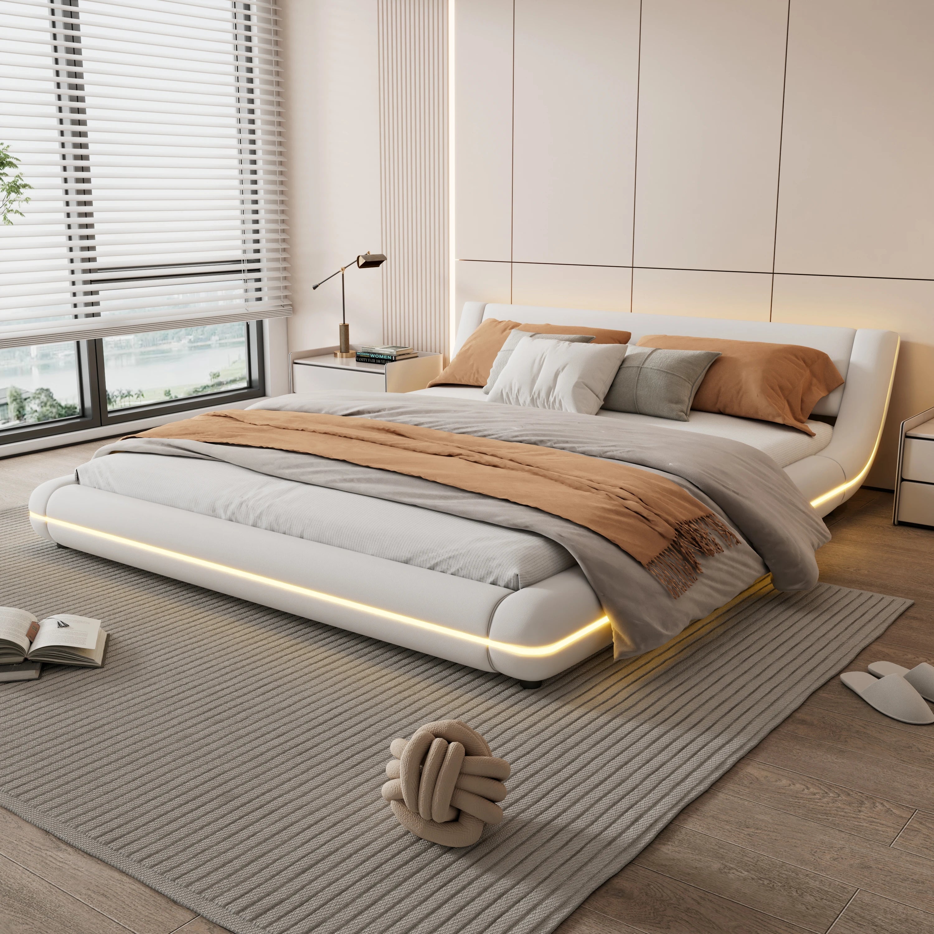 LED Floor Bed 160x200cm – RGB Remote, PU, White
