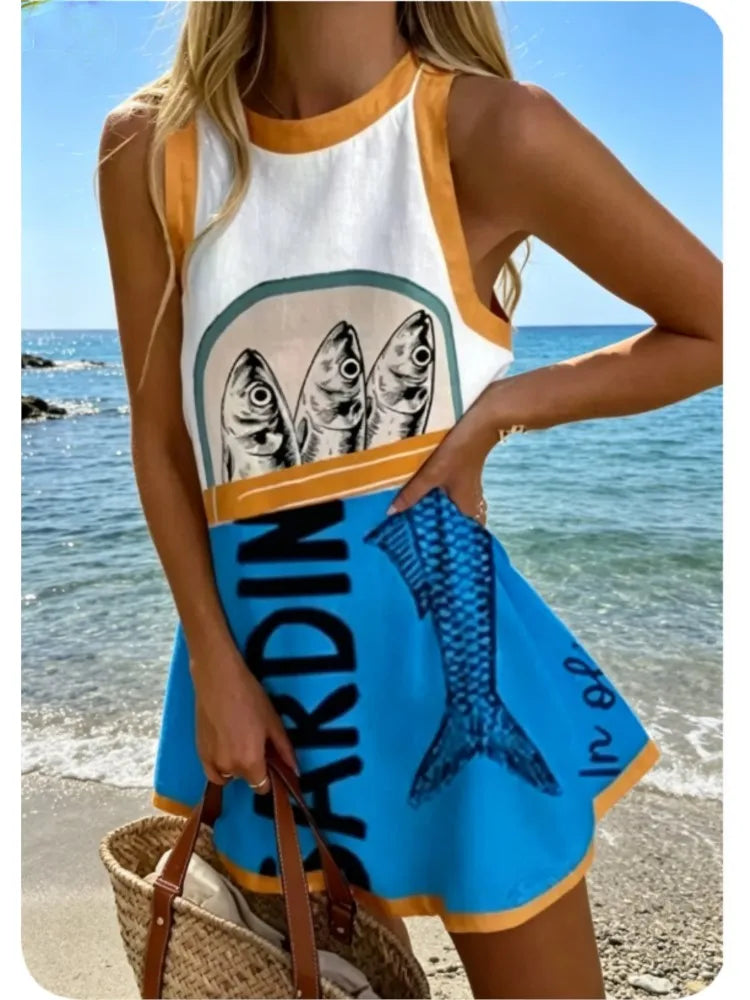 Summer New Print Dress Women's Fashion Elegant Casual O Neck Sleeveless Holiday Beach Party Shirt Dresses For Women Robe Femme