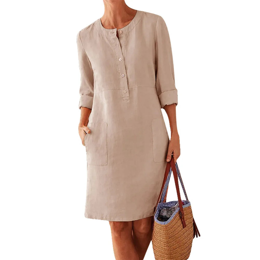 Women Casual Soild Long Sleeve Cotton And Linen Tunic Dress Vintage Straight Dress Long Sleeve Oversized Mini Knee-Length Dress