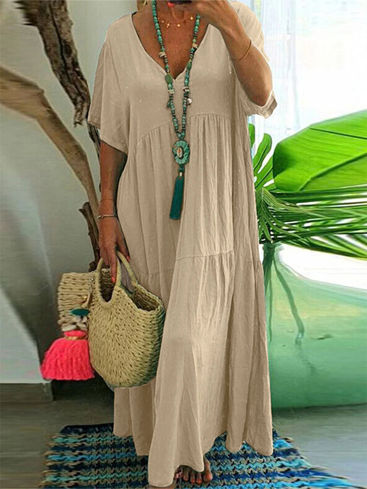Plus Size 2025 Summer New V-neck Short Sleeve Pleated Solid Color Loose Casual Midi Dress Basic Hem Pleated