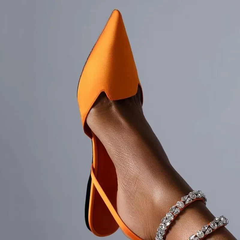 Women's Baotou Pointed Toe Rhinestone Sandals Women's Foreign Trade Flat Plus Size Silk and Satin Back Empty Shoes