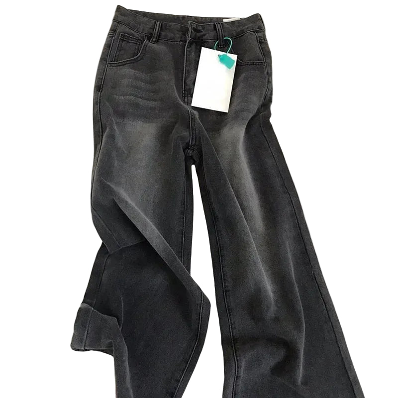 Retro High Waist Straight Leg Jeans - Washed Black Loose Fit