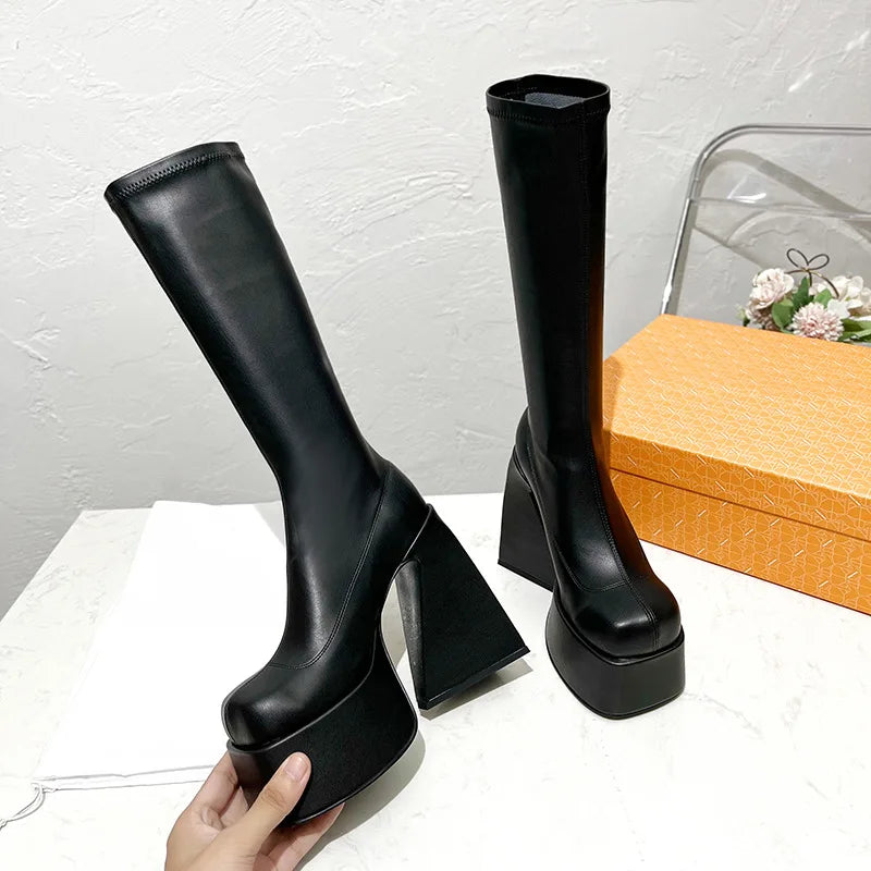 14cm Super High Heel Stretch Knee-High Boots – Punk Platform
