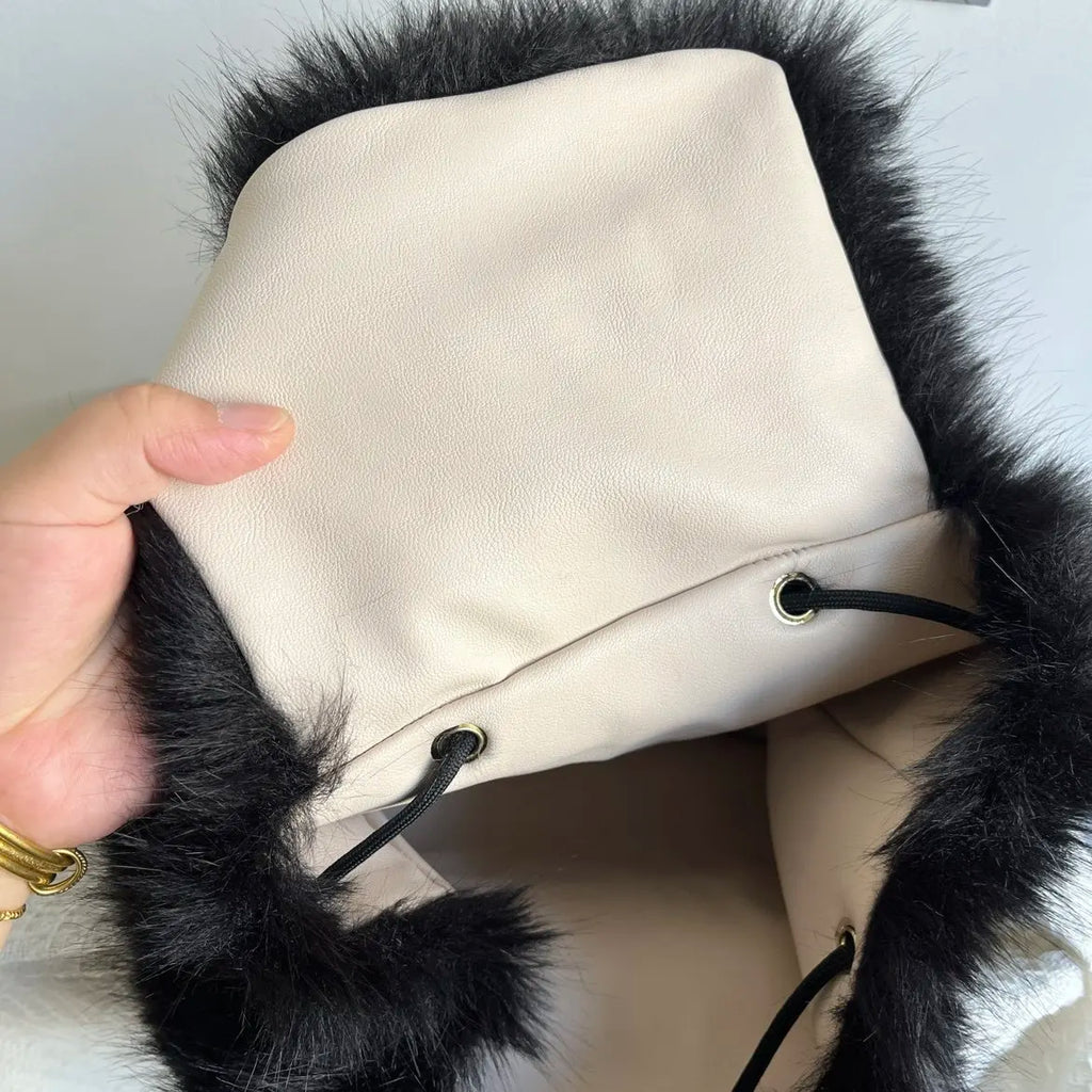 Black Plush Backpack Y2K Gothic Cross Fluffy Fur Backpack