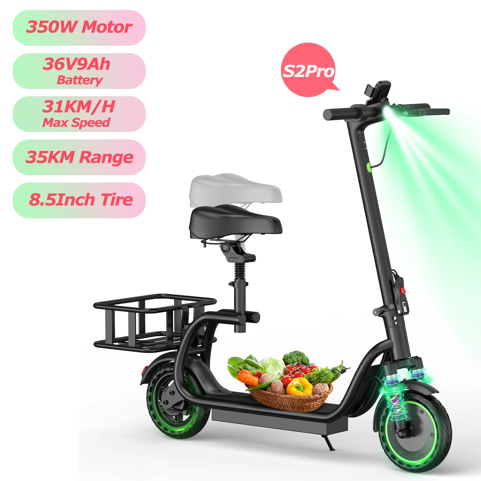 AOVOPRO ELECTRIC SCOOTER - 35 KM Range, Seat & Basket - Smart Rides