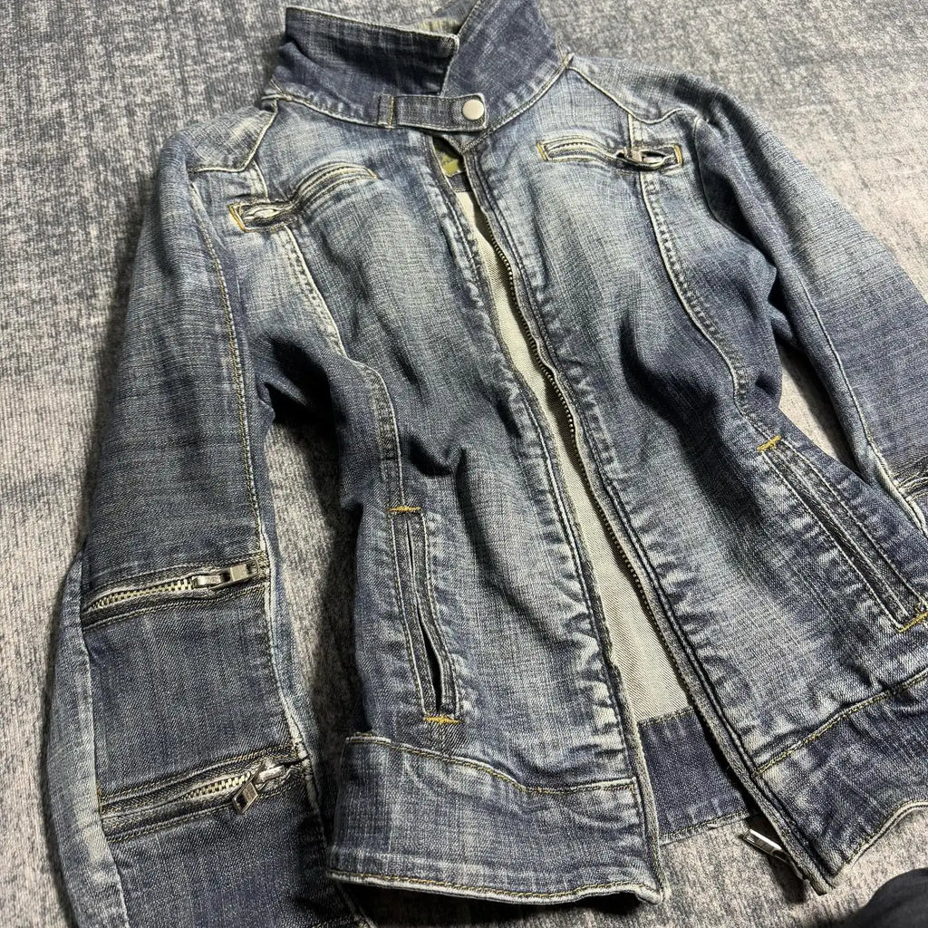 Y2K Multi-Zipper Denim Jacket – Gothic Punk Shoulder Pad