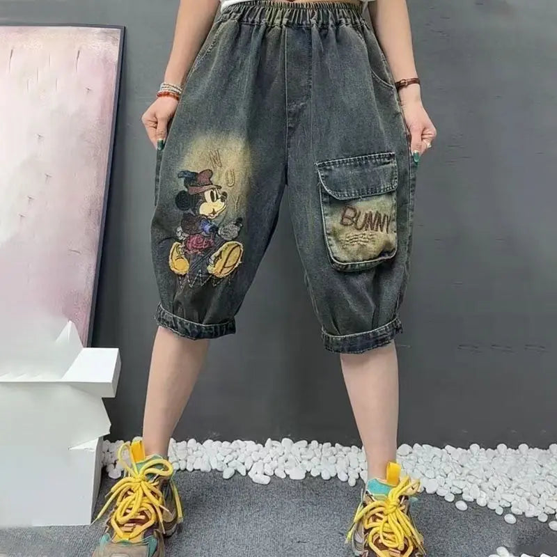 Letter Pocket Embroidered Denim Culottes Women's Summer Loose Large Size Straight Leg Drawstring Five Minute Mid Length Pants