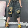Letter Pocket Embroidered Denim Culottes Women's Summer Loose Large Size Straight Leg Drawstring Five Minute Mid Length Pants