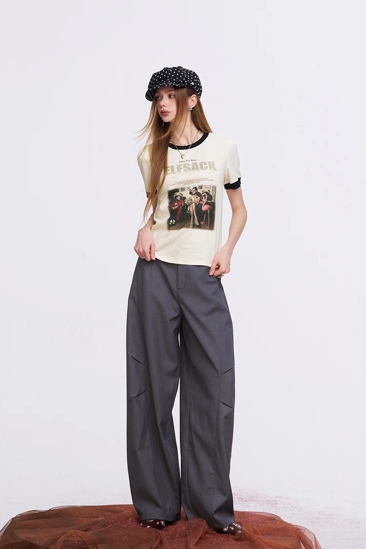 ELFSACK Women's Vintage Ringer T-Shirt with Photo Graphic Print, Retro Contrast Tee for Summer, Chic Aesthetic Short Sleeve Top