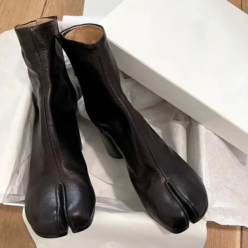 Genuine Leather Tabi Split-Toe Ankle Boots – Chunky Heel