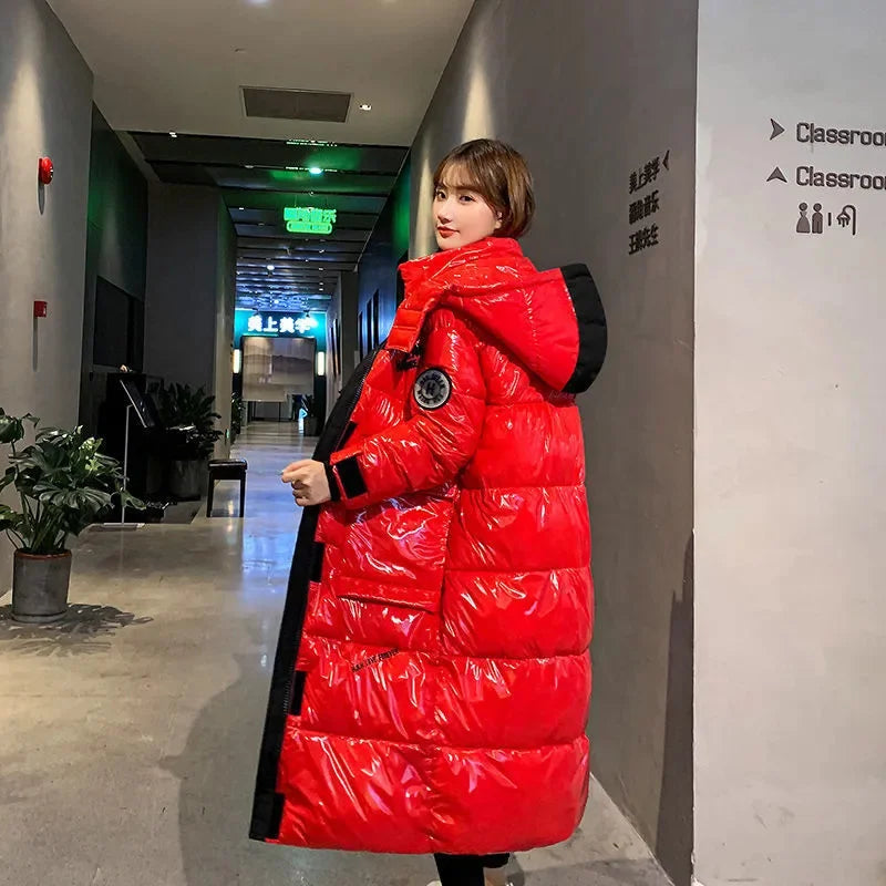 Glossy Puffer Parka – Hooded Windproof Long Coat