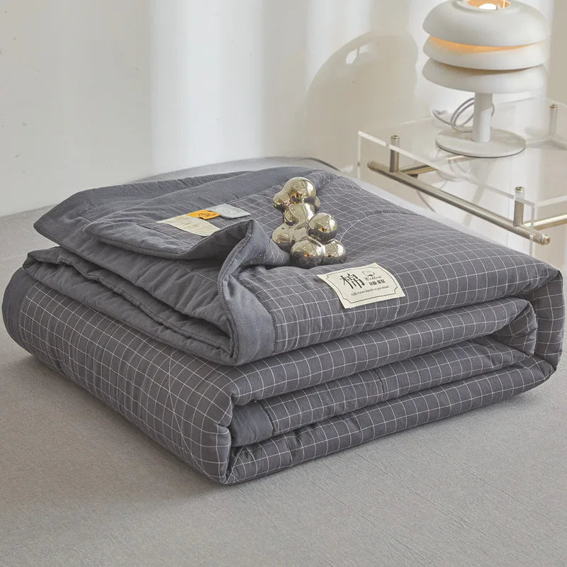 WASHED COTTON SUMMER COMFORTER - Pure Cotton Fill, Quilted Plaid - Cool Nights