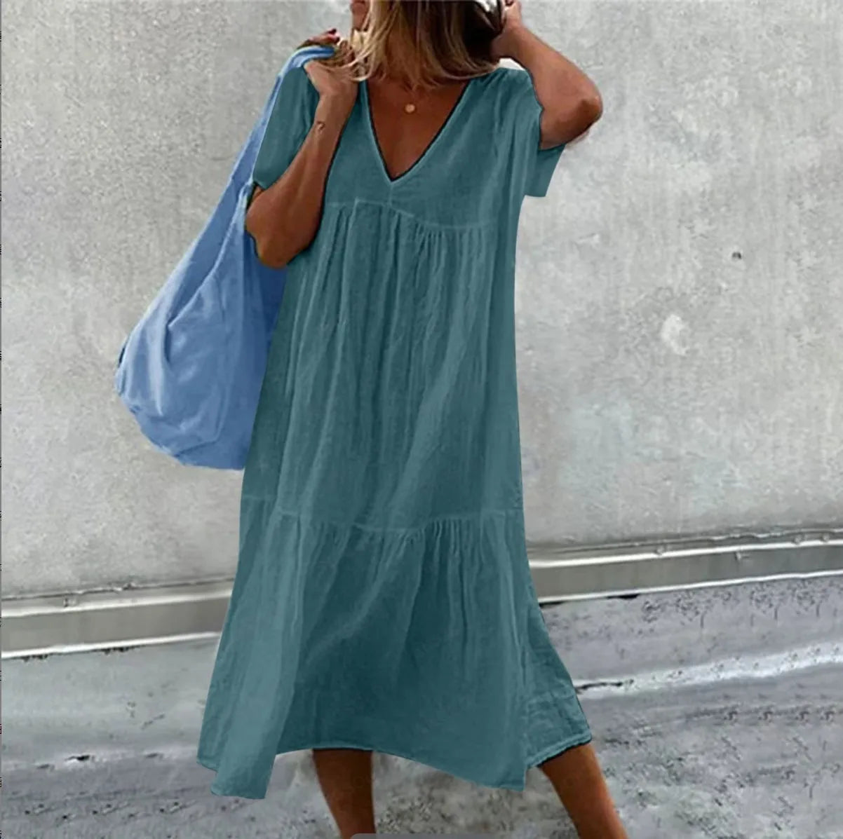 2025 New Women's Long Skirt Cotton Linen Short Sleeve O-neck Loose Solid Color Fashion Simple Vacation Pink Dress
