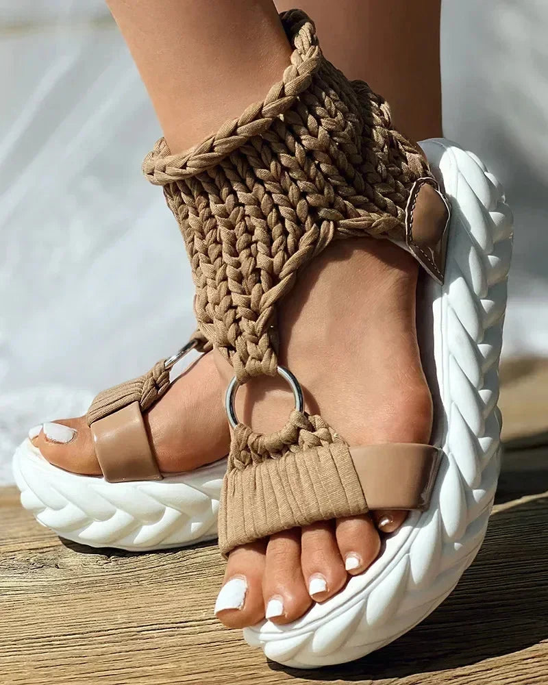 Hot Seller Gold Knitted Sandals for Women Braided Elastic Summer Shoe Mesh Flat Bottom Hollow Out Female Sandals Sandalias Mujer