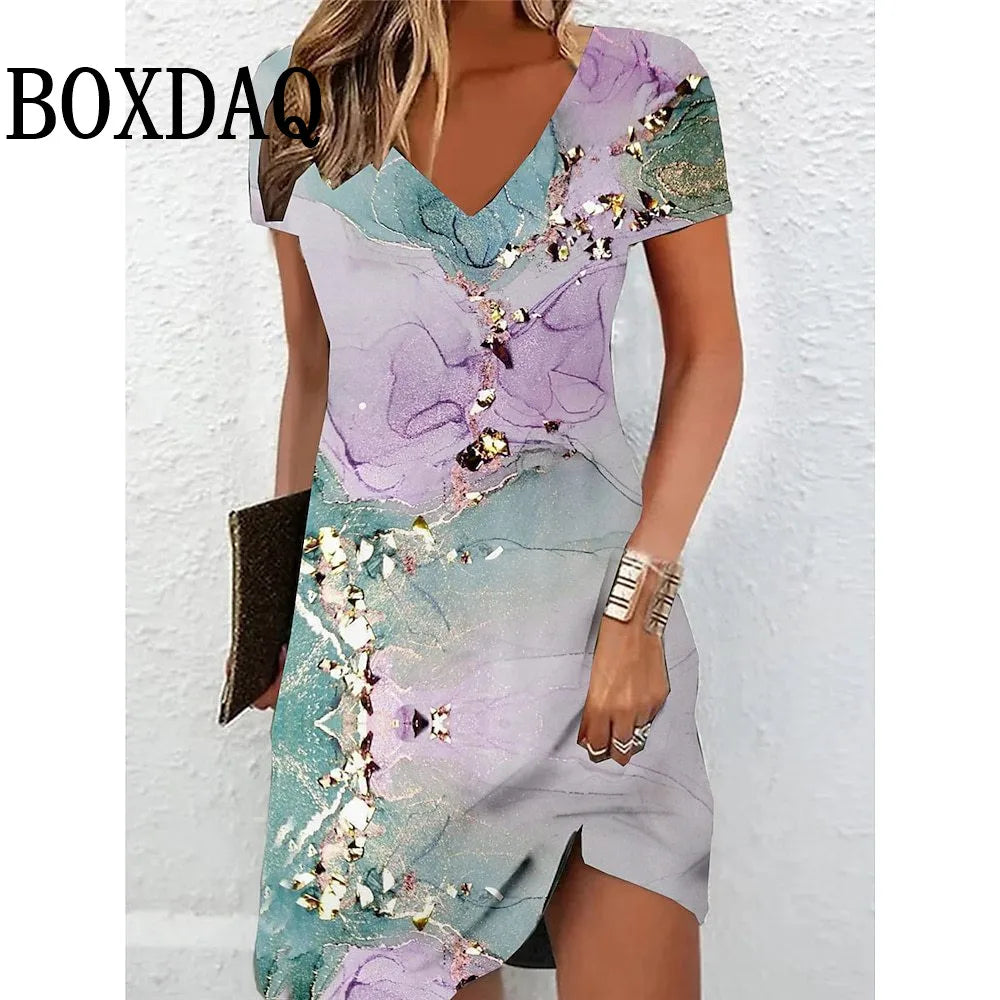 Elegant Women's Midi Dresses 2025 New Summer Fashion V-Neck 3D Printed Dress Casual Tie Dye Gradient Loose A-Line Dress Vestidos