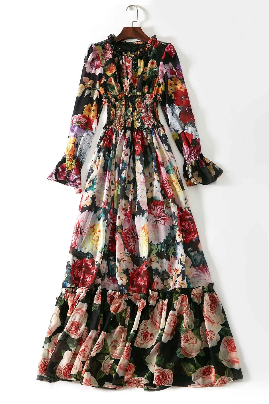Ladies Elegant Floral Print Long Sleeve Dress Summer Beach Chiffon Ruffled Collar Dress Elegant Elasticity Waist A-Line Sundress