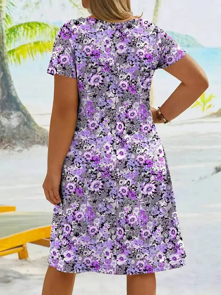 Plus size women's V-neck printed midi dress 2025