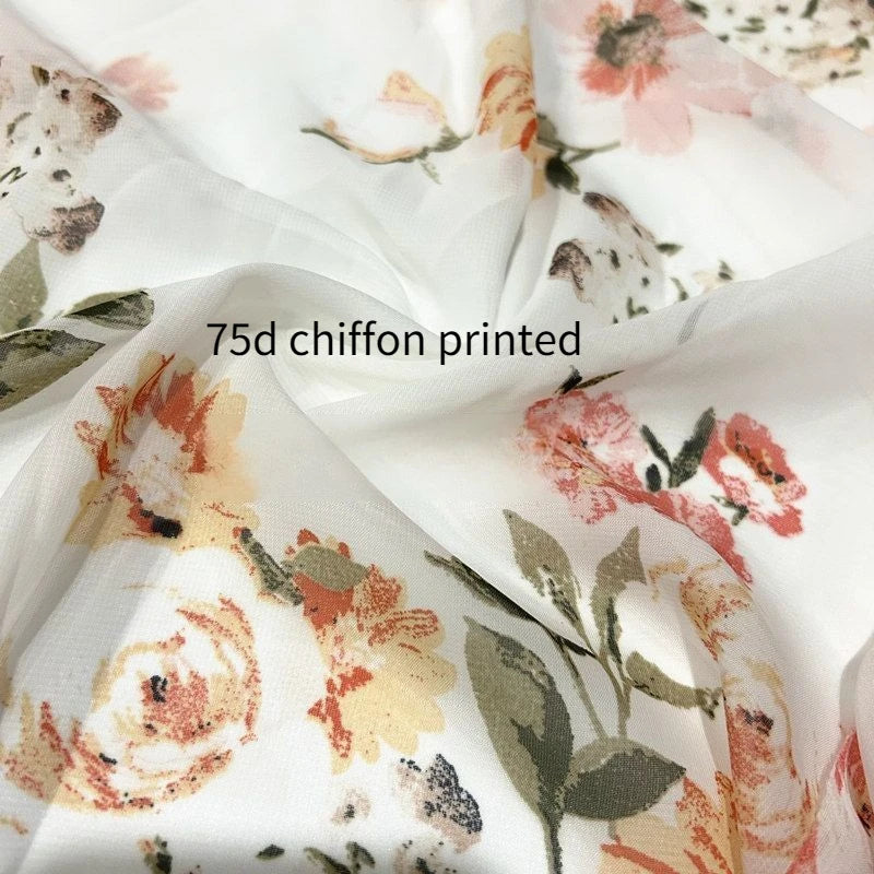75D Printed Chiffon Fabric By The Meter for Needlework Dress Shirt Scarf Pants Hair Tie Diy Sewing Soft Breathable Cloth Flower