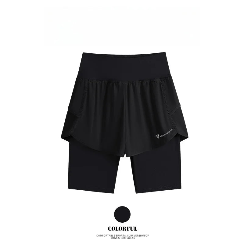 DRUR Yoga Shorts Women Summer Fake Two Piece High Waist Loose Gym Shorts With Pocket Ladies Lightweight Fitness Running Clothes