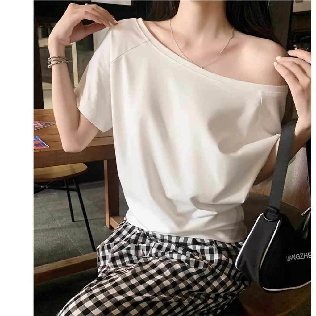 Autumn Winter One Shoulder Cotton Long Sleeve Slant Shoulder Women's Clothing Style Interior Wide Truffle Shoulder Base Shirt