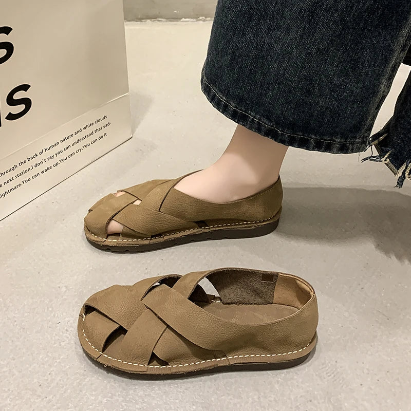 2024 Leather Women's Sandals Top Layer Cowhide Handmade Woven Women's Casual Flats Retro Mori Girl Shoes