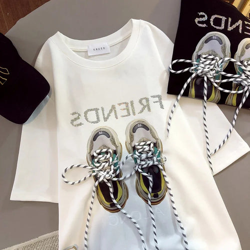 3D Shoelace Short-sleeved T-shirt Letter Diamonds Summer Streetwear Women Oversized T-shirt Y2k Tops Round Neck Loose Graphic Tee