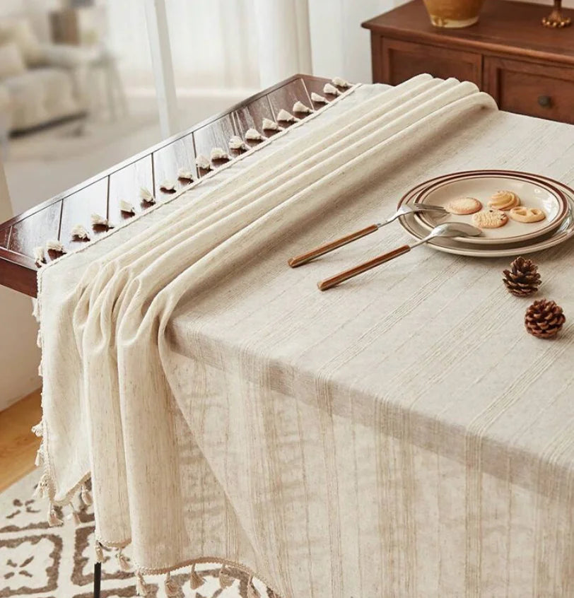STRIPED LINEN TABLECLOTH WITH TASSELS - Thick Jacquard Weave, 12 Sizes - Laid-Back Tables, Real Texture