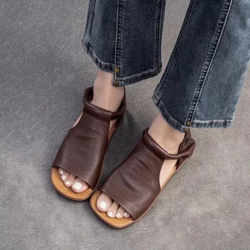 Women's Hook & Loop Flat Sandals Summer - Open-Toe Casual Beach Shoes, Comfortable Soft Sole Walking Sandals for Daily &Vacation