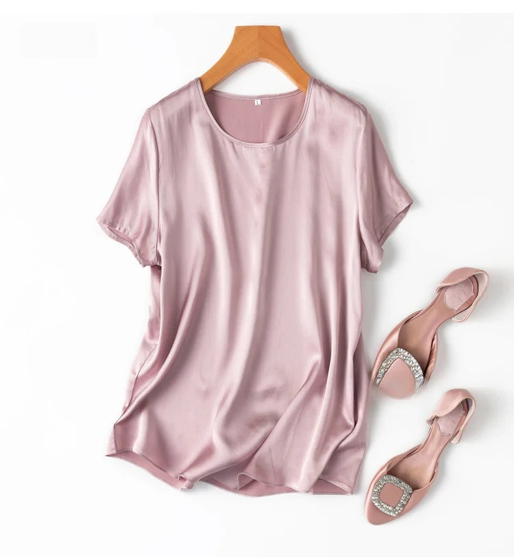 100% Mulberry Silk 19 Momme Charmeuse Silk Women Tank Top T-shirt Short Sleeve Shirt Blouse Solid Colors Summer M L XL AA4270