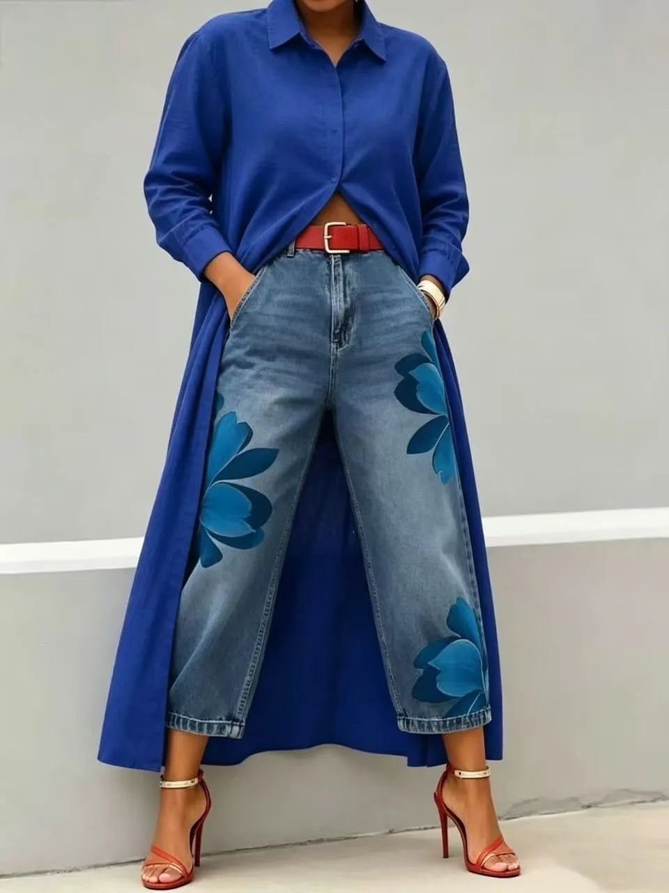 Floral Print Wide Leg Jeans - High Waist