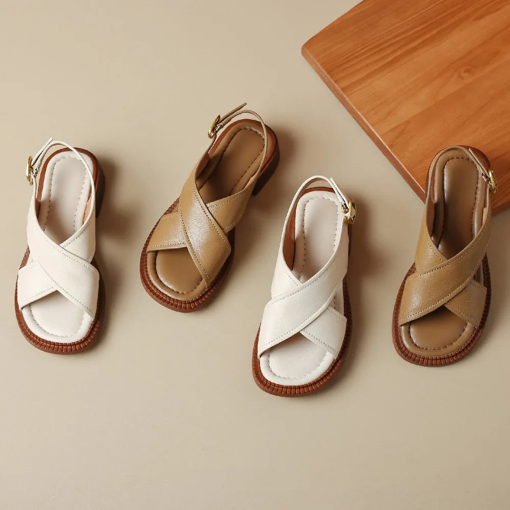 Women's flat sandals genuine leather cross strap open-toe summer casual female footwear high quality soft comfortable plus size
