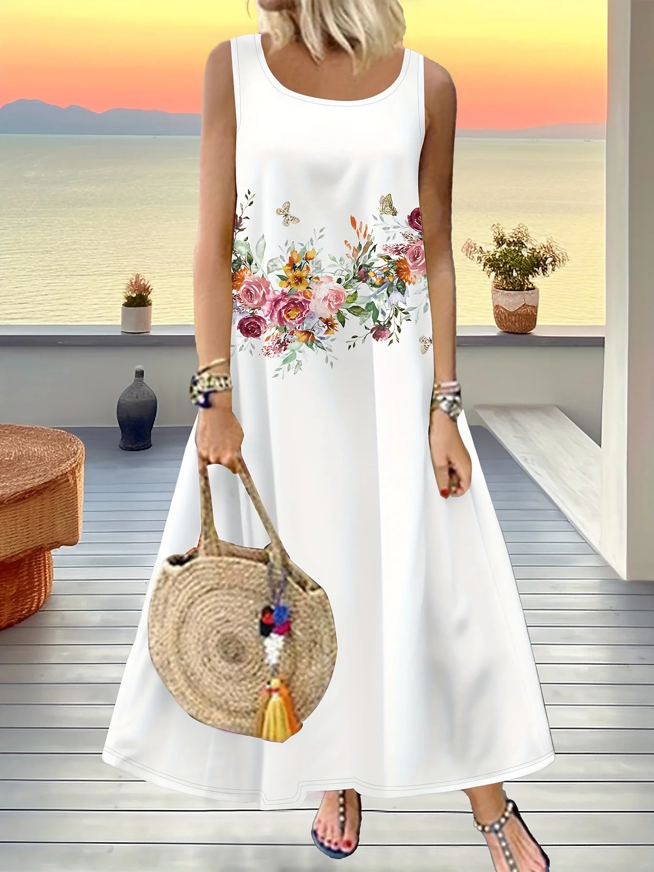 NEW Spring and Summer Vacation Style Paisley Pattern Women's Long Skirt Loose Sleeveless Fit Suitable Crew Neck Sleeveless Dress