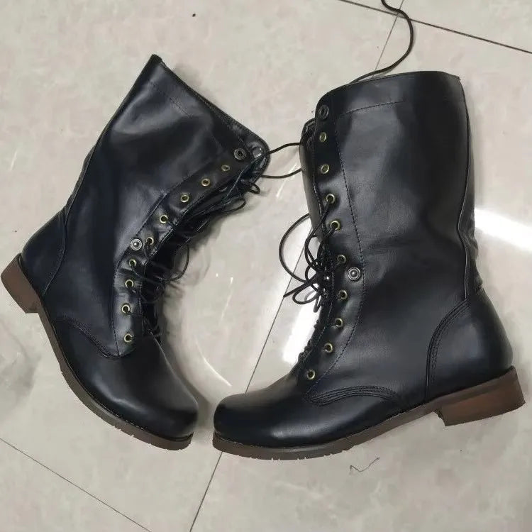 British Retro Knight Ankle Boots - Lace-Up Flannel Lined Medium Heel Plus Size