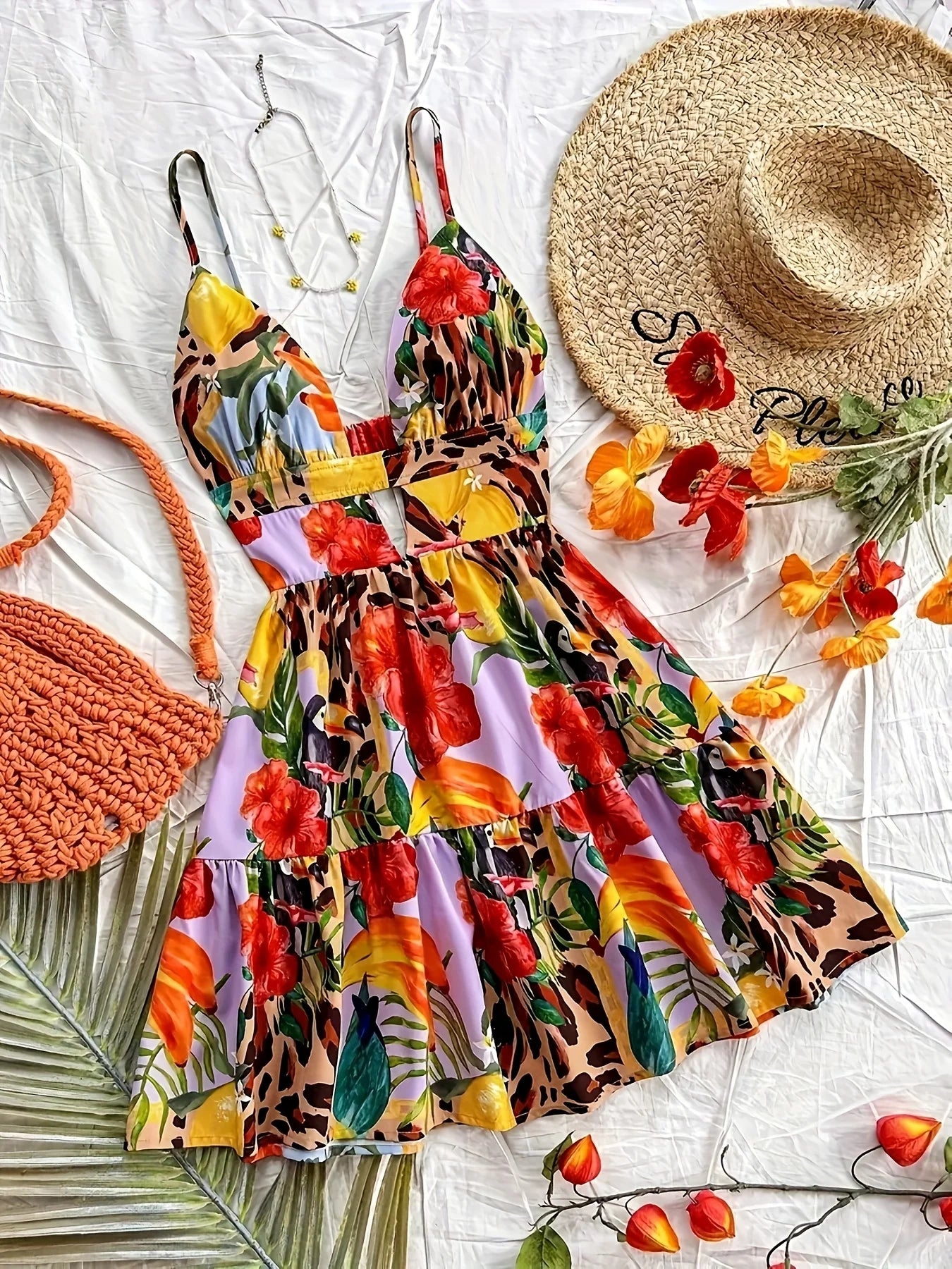 Fashion ladies floral print lace camisole V-neck backless sexy holiday shoulder strap elastic beach dress female