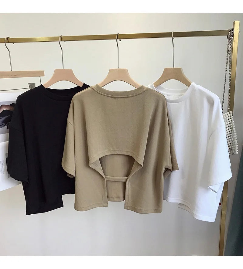 Summer Vintage Women's Short Sleeve Tee Korean Casual Backless Oversize T-Shirt Round Neck Short-Sleeved Crop Tops Y2k Brown Top