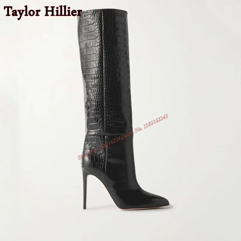 Croc-Embossed Knee-High Stiletto Boots
