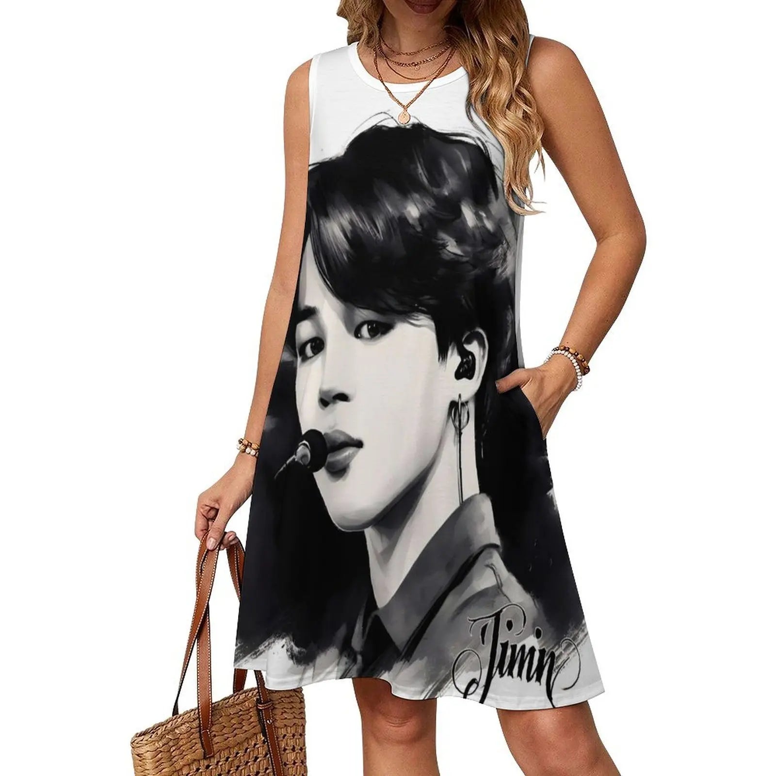 Jimin From Boys By Hello K-Pop Sexy Vacation Dress For Women Beach Party Birthday Mini Dress Black And White B W Ink Black Ink