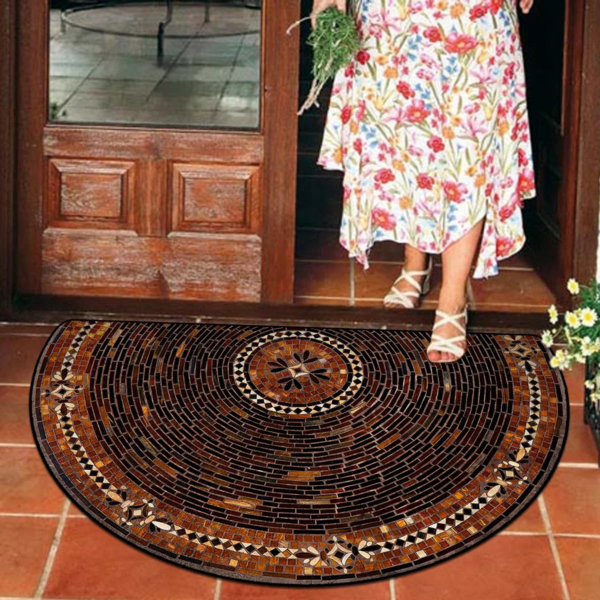 FLORAL SEMI-CIRCLE DOORMAT - Short-Loop Polyester, 8 Patterns & 9 Sizes - Soft Entries