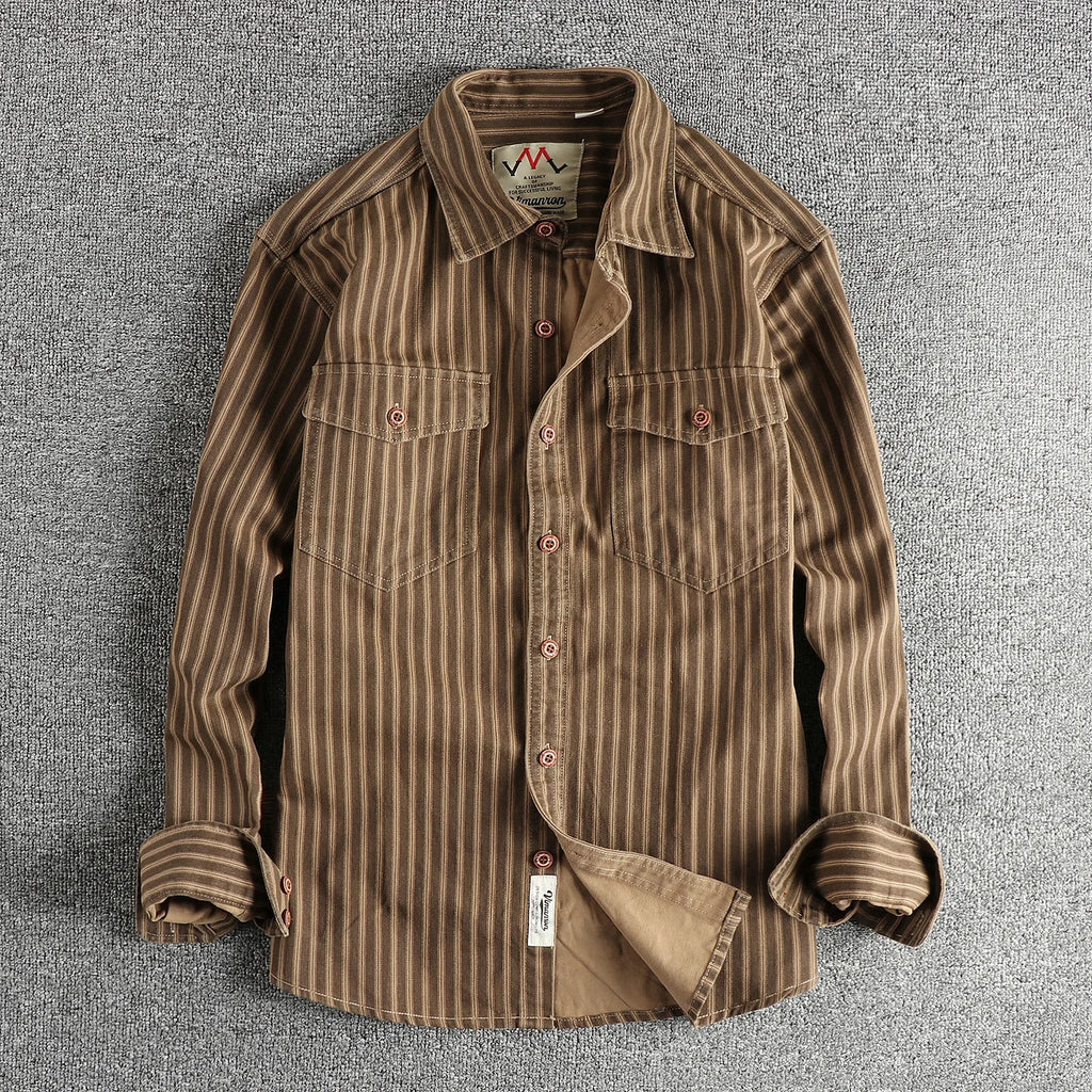 RETRO STRIPE - Men's Casual Shirt - Washed Cotton, Multi-Pocket, Autumn Style
