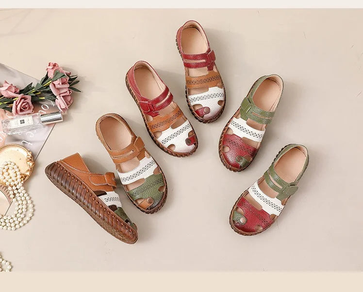 New patches gladiator sandals women's handmade bohemian shoes big size 43 woman real leather sandal ladies patchwork strap flats